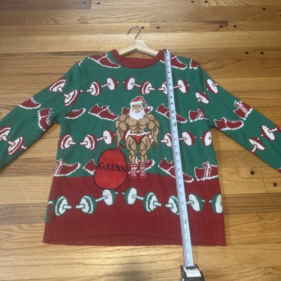 Blizzard Bay Santa Claus Weight Lifting Gains Green Ugly Christmas Sweater Sz L - Picture 4 of 7